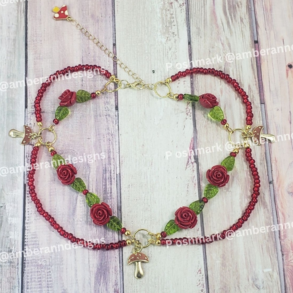 One Of A Kind Handmade Red Rose & Green Leaf Mushroom Beaded Choker Necklace